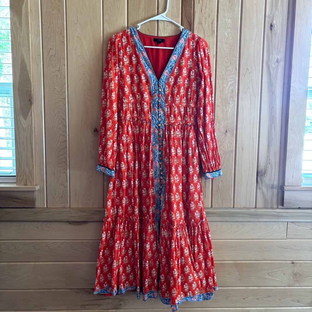 J. Crew Red and Blue Tiered Midi Sundress